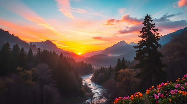 Spring Forest Mountain River in Sunset