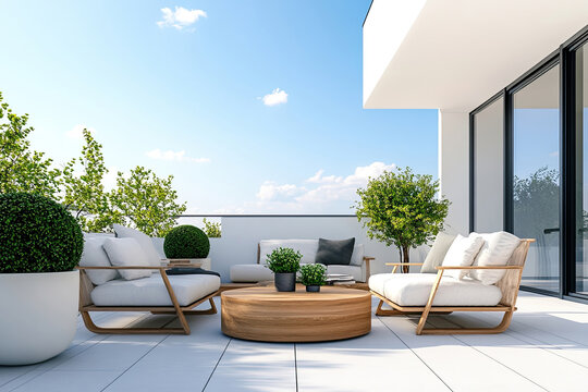 Luxuri&ouml;se Dachterrasse mit moderner Lounge und mediterranem Flair