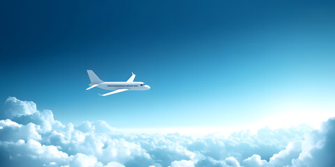 Obraz premium White plane in the blue sky flying above the clouds. Vector background template for web page header