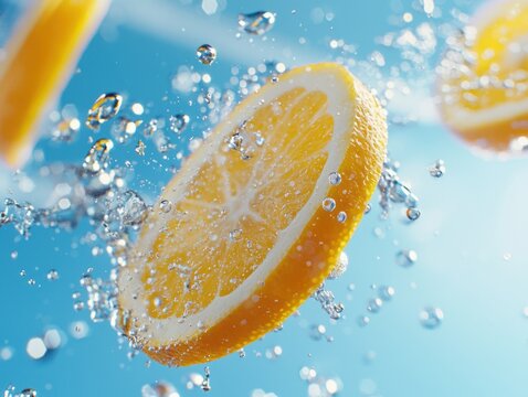 Refreshing lemon splash kitchen food photography bright blue background close-up citrus concept for vibrant health