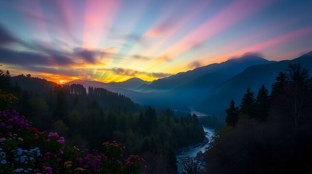 Spring Forest Mountain River in Sunset