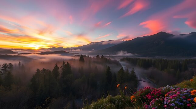 Spring Forest Mountain River in Sunset