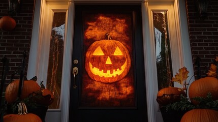 Obraz premium Spooktacular Halloween Door Decor with Carved Jack-O'-Lanterns and Autumn Charm