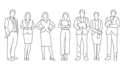 Group of Business Professionals Black and White Vector Illustration. Business Men and Women Standing Minimalist Vector Sketch.