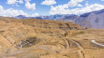 An aerial view of the beautiful himalayan mountain landscape at hikkim near hikkim village in the valley, himachal pradesh, India