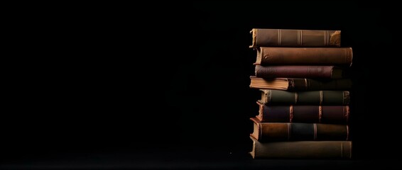 A tall, slightly uneven stack of eight old, hardcover books with worn covers in various shades of brown, red, and green against a black background.