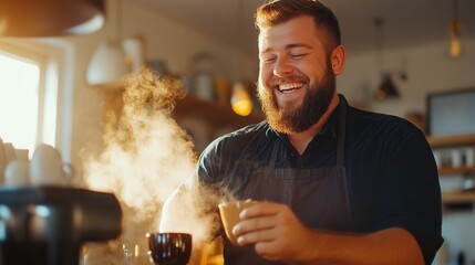 A cheerful barista prepares a steaming cup of coffee in a vibrant café. The warm atmosphere is enhanced by sunlight streaming in, creating a welcoming environment perfect for enjoying drinks and pastr