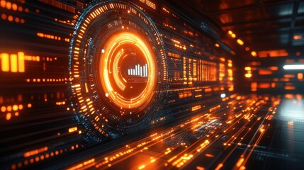 Futuristic HUD display with glowing orange and blue elements.  Dynamic graphic user interface in a tunnel-like space.  Data visualization.  