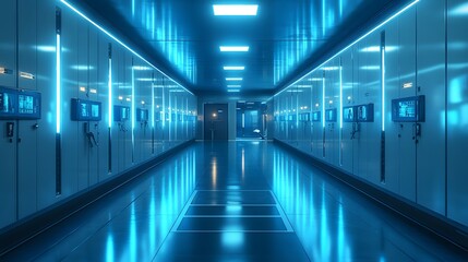 Fototapeta premium Futuristic gym locker with glowing LED panels on each door, set in high-tech gym. Blue and white lighting reflects modern design, creating a sci-fi aesthetic ideal for promoting advanced fitness tech.