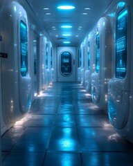 Fototapeta premium Futuristic gym locker with glowing LED panels on each door, set in high-tech gym. Blue and white lighting reflects modern design, creating a sci-fi aesthetic ideal for promoting advanced fitness tech.