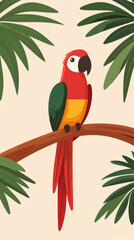 Pirate cartoon kids story. Colorful parrot perched on a branch surrounded by tropical leaves.