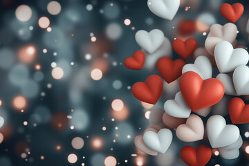 Valentine's Day background with red and white hearts, bokeh lights on a dark grey background. Love concept for a Happy Valentine's Day card template design mock-up.
