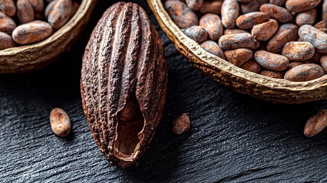 of a cocoa pod with shriveled beans, integrated with an image of temperature rise, highlighting the effect of climate change. | [Cocoa prices are high]:[Production is reduced due to climate 