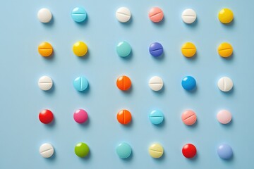 Vibrant Pills Displayed on a Soothing Blue Backdrop - A Medicinal Journey in Color