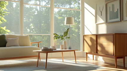 Minimalistisches Wohnzimmer im Mid-Century-Stil mit Holzdesign