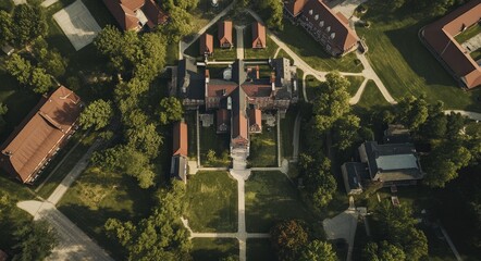 Fototapeta premium Bird's Eye View of Historic College Campus Grounds in Northeast Indiana, Showcasing Architectural Splendor and Lush Landscapes Under a Clear Sky