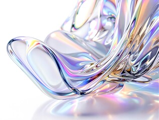 Abstract Curved Glass Sculpture with Rainbow Colors on White Background