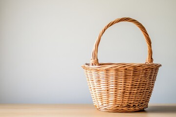 Empty Woven Basket on Soft Neutral Background for Copy Space - Ideal for Picnic or Storage Uses
