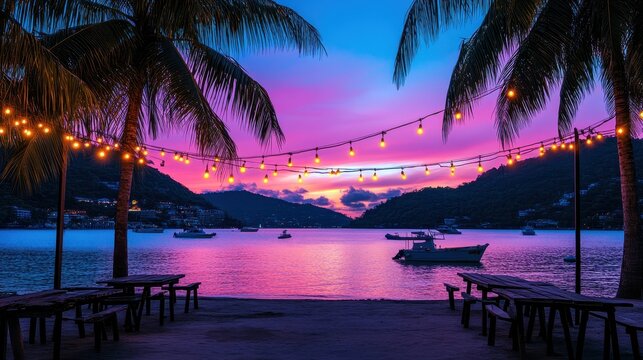 Vibrant sunset over calm bay, palm trees, string lights, and picnic tables on beach.