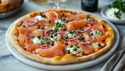 Delicious smoked salmon pizza with red onion, capers, and cream cheese. (1)
