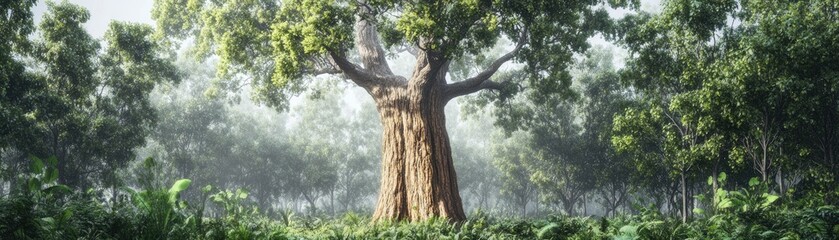 Fototapeta premium A majestic tree stands in a lush forest, surrounded by greenery and mist.