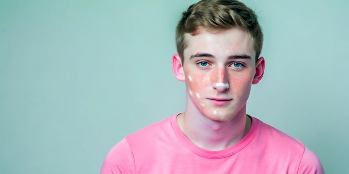 Guapo modelo masculino con vitiligo leve en la cara en una sesi&oacute;n de estudio, promoviendo la diversidad y la confianza en uno mismo. Retrato de un joven que abraza una belleza &uacute;nica con una tez clara.