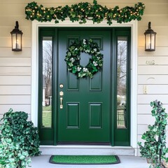 A detailed arrangement of St. Patrick’s Day decorations adorns a front door.