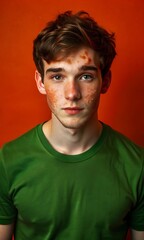 Obraz premium Guapo modelo masculino con vitiligo leve en la cara en una sesión de estudio, promoviendo la diversidad y la confianza en uno mismo. Retrato de un joven que abraza una belleza única con una tez clara.