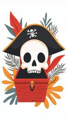 Fototapeta premium Pirate cartoon kids story. Pirate-themed skull in a treasure chest with leaves and a hat.