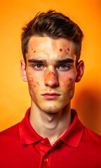 Obraz premium Guapo modelo masculino con psoriasis en la piel, retrato de estudio, promoviendo la diversidad y la inclusión en los estándares de belleza.
