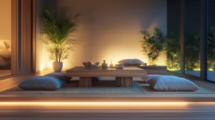A tranquil zen-inspired living room with a low wooden table, floor cushions, and soft ambient lighting
