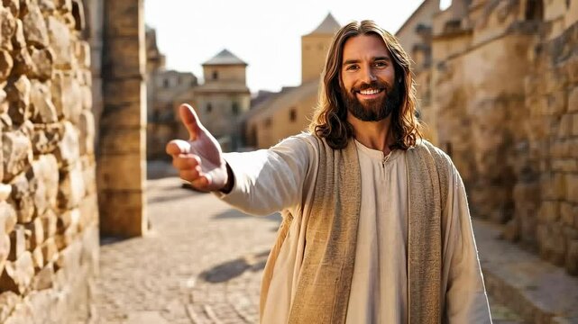 Jesus extends his hand providing assistance with a friendly in the historic city of Jerusalem