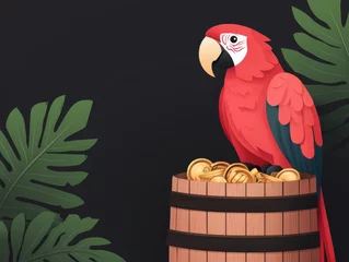 Pirate cartoon kids story. Colorful parrot perched on a barrel of gold coins among tropical leaves.