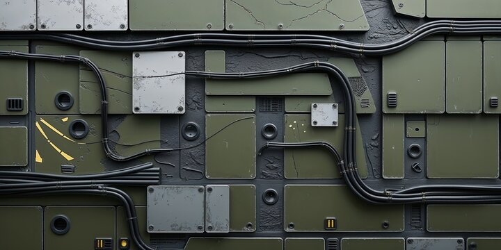 Dark Green Metal Panel with Industrial Wiring and Technology