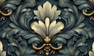 Elegant teal and gold damask pattern.