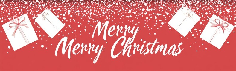 Christmas and New Year text set against a Xmas background, incorporating gift boxes, fir branches, red ribbons, festive details, sparkles, confetti, and bokeh elements. The design is a modern