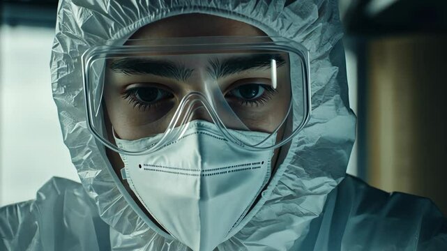 Health worker in protective gear focused on task at medical facility during pandemic working hours