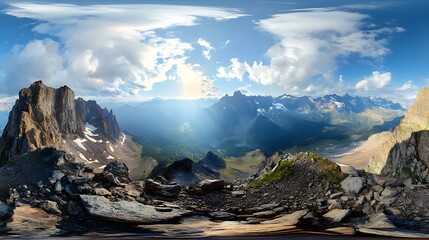 Obraz premium Panoramic view of majestic snow-capped mountains with lush green valleys and a cloudy sky