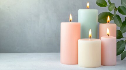 A serene arrangement of colorful candles lit softly, set against a minimalistic background with a hint of greenery.