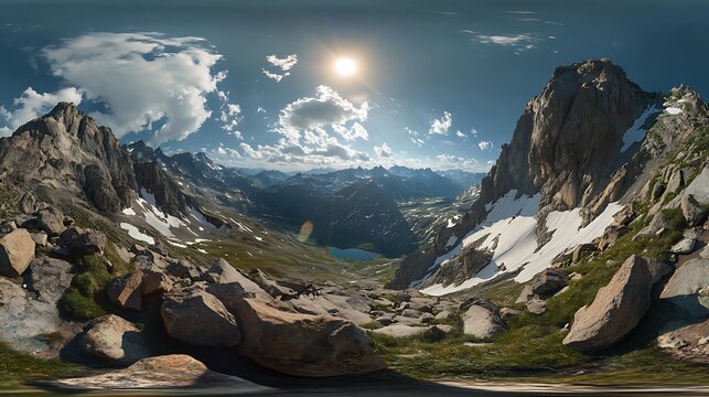Panoramic view of majestic snow-capped mountains with lush green valleys and a cloudy sky