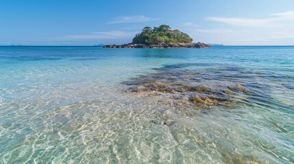 remote island surrounded by clear blue sea with coral reefs visible beneath water. tranquil scene evokes sense of peace and natural beauty