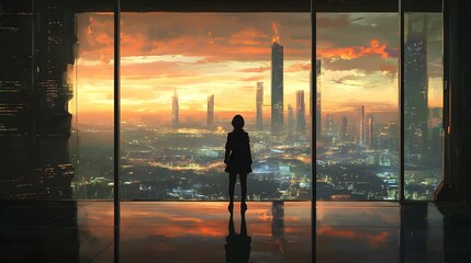 A person standing in front of a large window looking out over a city skyline with hopes for the future