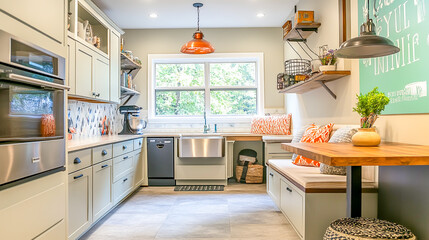 Fototapeta premium Create a pet-friendly kitchen design featuring dedicated feeding stations, water fountains, and organized storage for pet supplies, toys, and treats.