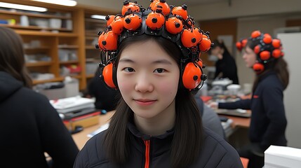 Young woman wearing a brainwave sensor headset in a lab.