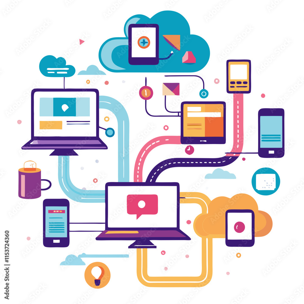 Poster connecting devices along a digital path with screens and communication tools for seamless interactio