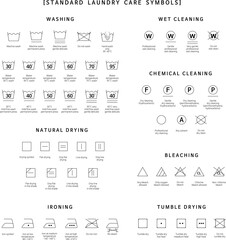 Icon set of laundry standard symbols. Cleaning machine, Clothes care icons. Laundry label collection with care symbols and washing instructions. Bleaching, Drying, Ironing. Vector mock up template.  