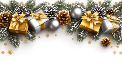 Christmas tree dressed up magnificently with wrapped presents, set against a backdrop of a wintry landscape covered in snow.