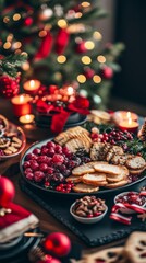 Naklejka premium A Christmas dinner table overflows with food and snacks, surrounded by New Year's decorations in the background. Spruce branches and garland lights decorate the table, giving it a French Provence