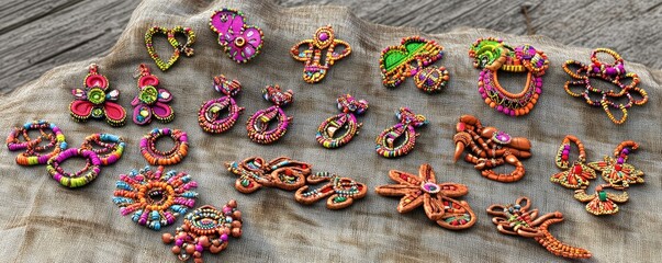 A colorful assortment of handcrafted jewelry pieces displayed on a textured surface.