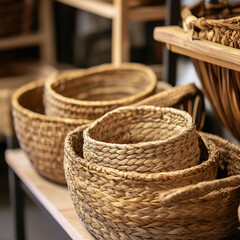 Obraz premium Woven rattan baskets in various sizes displayed on wooden shelf, showcasing natural materials and craftsmanship. Perfect for storage and decoration in any home design